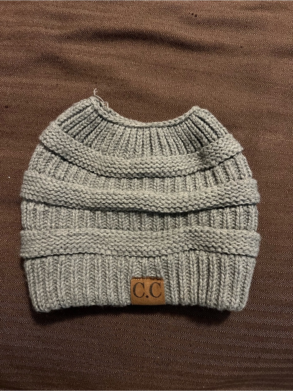 Ladies Knit Beanie CC Brand Gray  Ponytail Hole